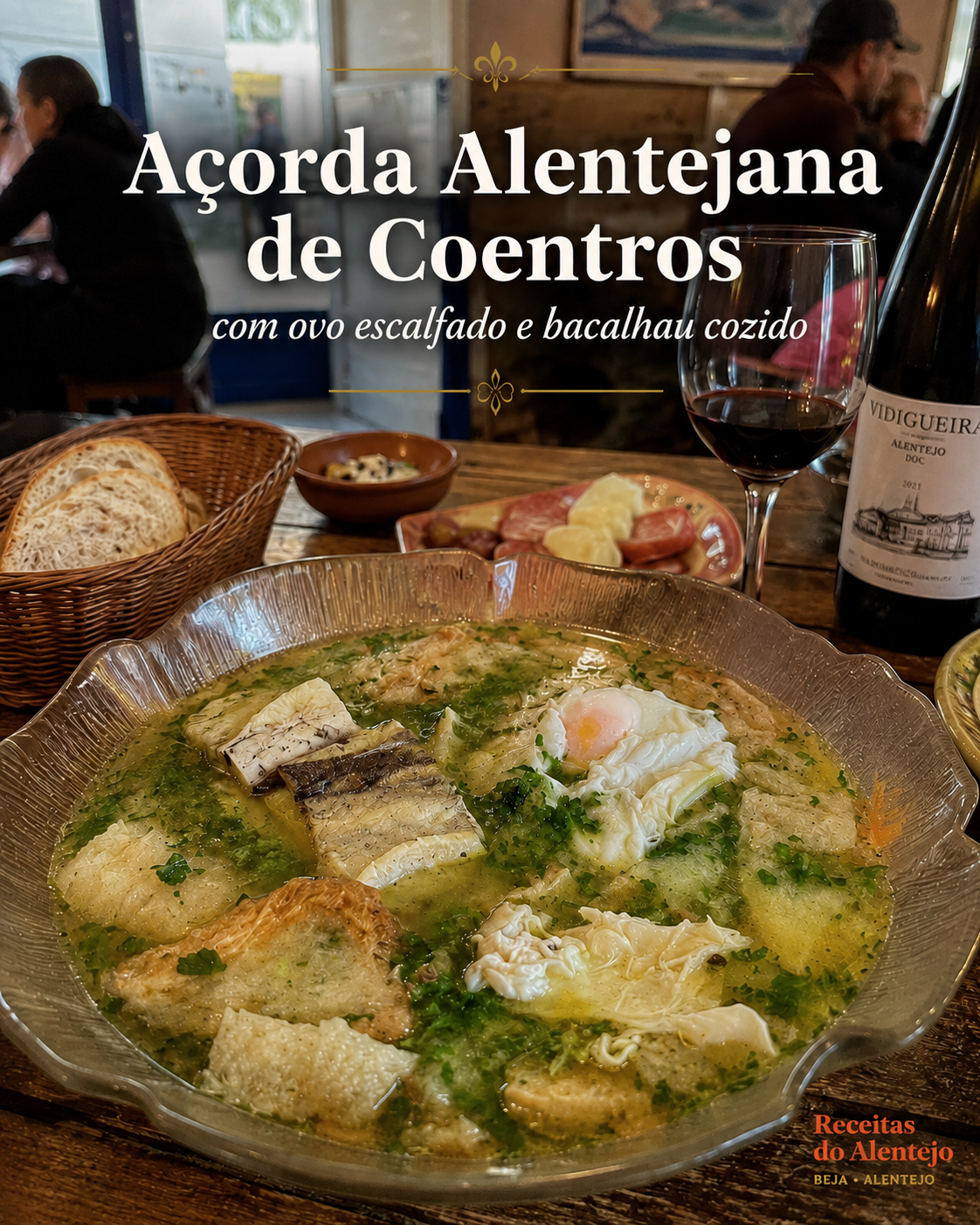 Açorda Alentejana de coentros com ovo escalfado e bacalhau cozido