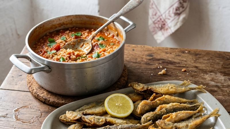 Arroz de Tomate e Carapaus Fritos à Alentejana