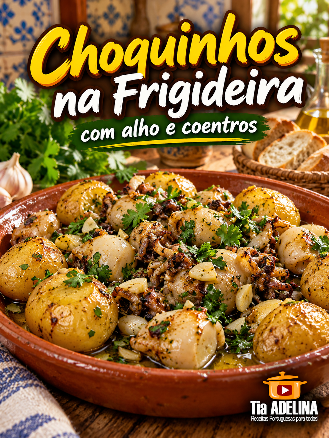 Choquinhos na frigideira com alho e coentros