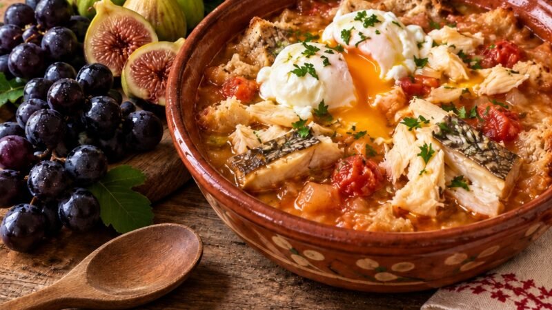 Sopinhas de Tomate, com Bacalhau e Ovos escalfados