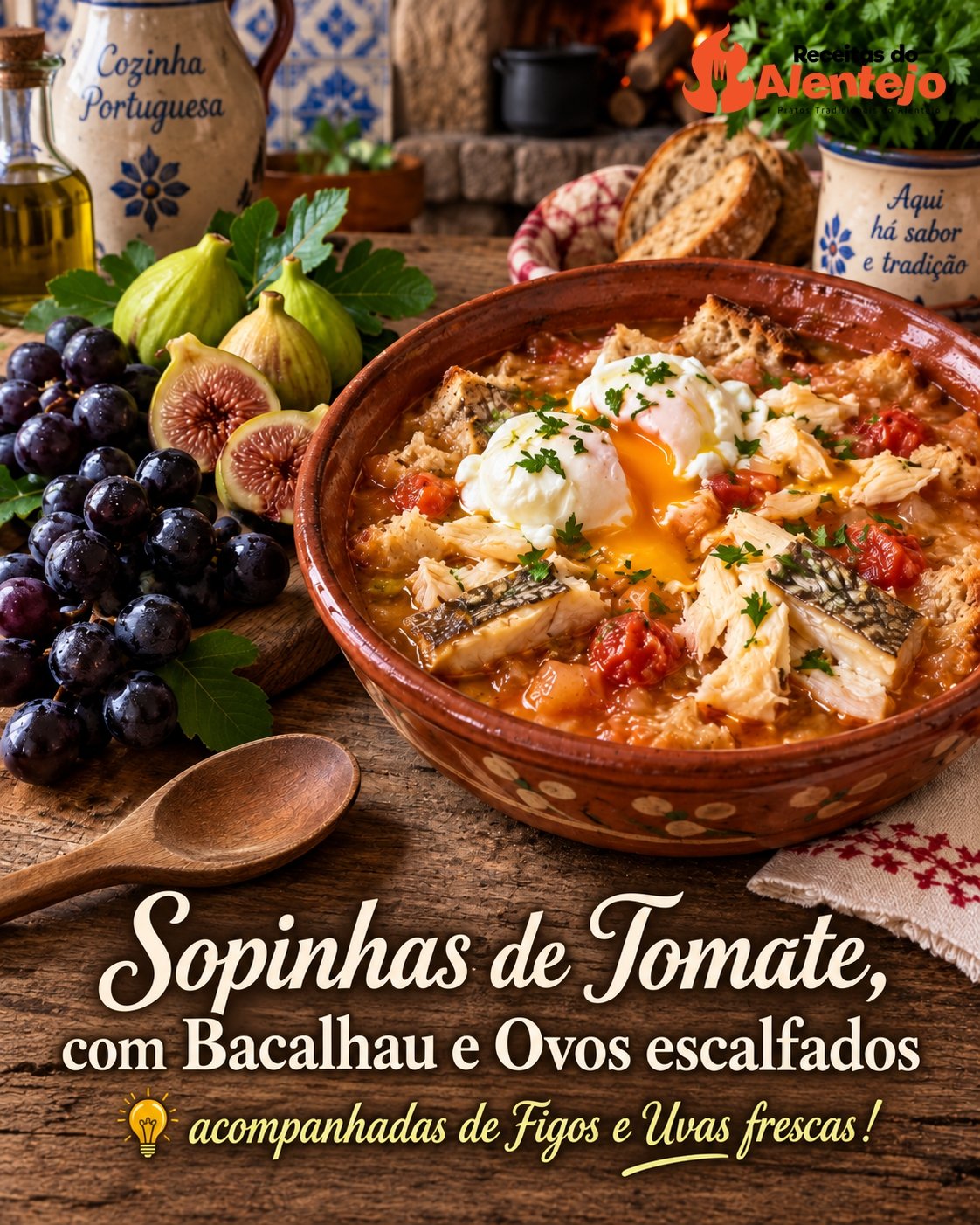Sopinhas de Tomate, com Bacalhau e Ovos escalfados