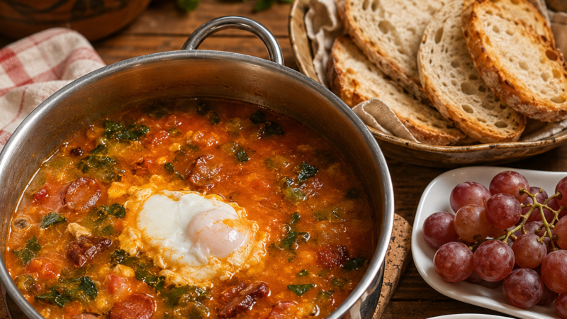 SOPA DE TOMATE COM ENCHIDOS, OVO ESCALFADO E UVAS/FIGOS