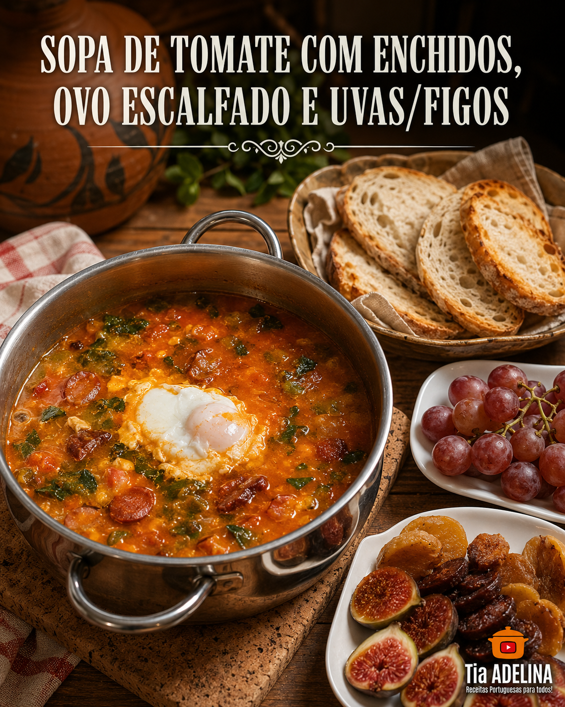 SOPA DE TOMATE COM ENCHIDOS, OVO ESCALFADO E UVAS/FIGOS