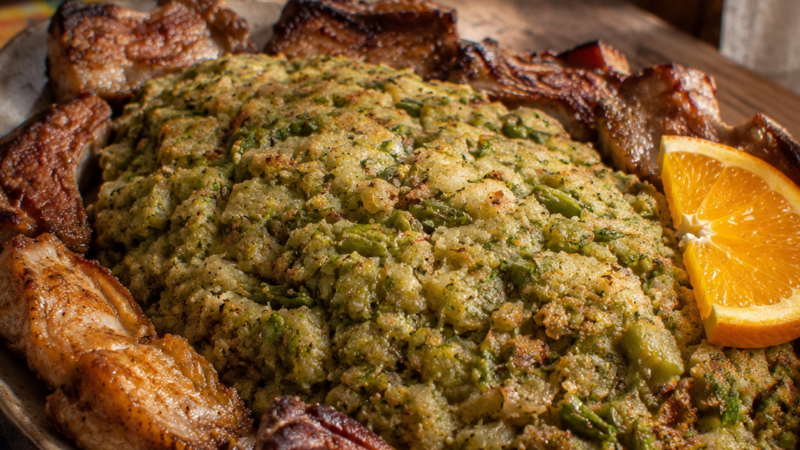 Migas de Espargos com Carne de Porco Frita