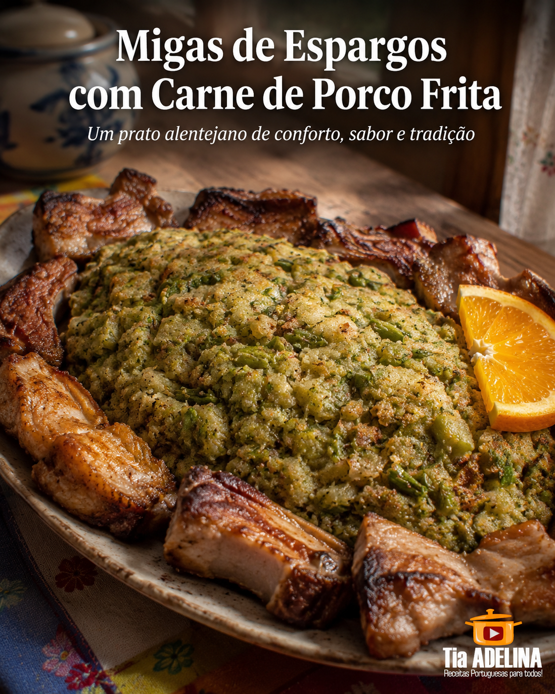 Migas de Espargos com Carne de Porco Frita